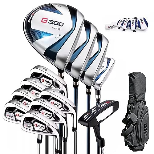 PGM Men's Complete Golf Club Sets - 12 Pieces - 3 Wood (#1,3,5), 1 Hybrid (#4H), 6 Irons(#5,6,7,8,9,PW), 1 Sand Wedge (55°), 1 Putter - Golf Stand Bag - Titanium Club Head (right - Steel Shaft Iron)